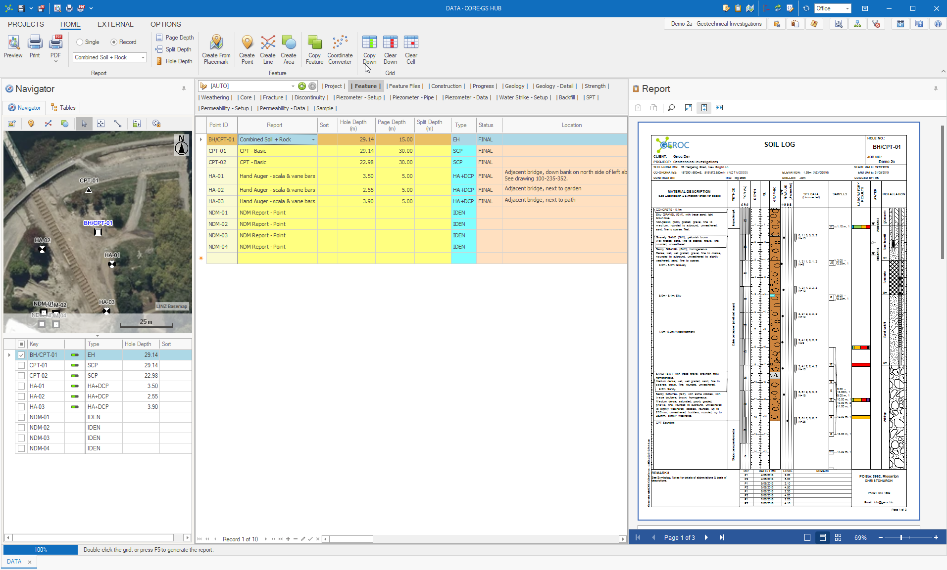 CORE-GS desktop showing the data grid, navigator and reports